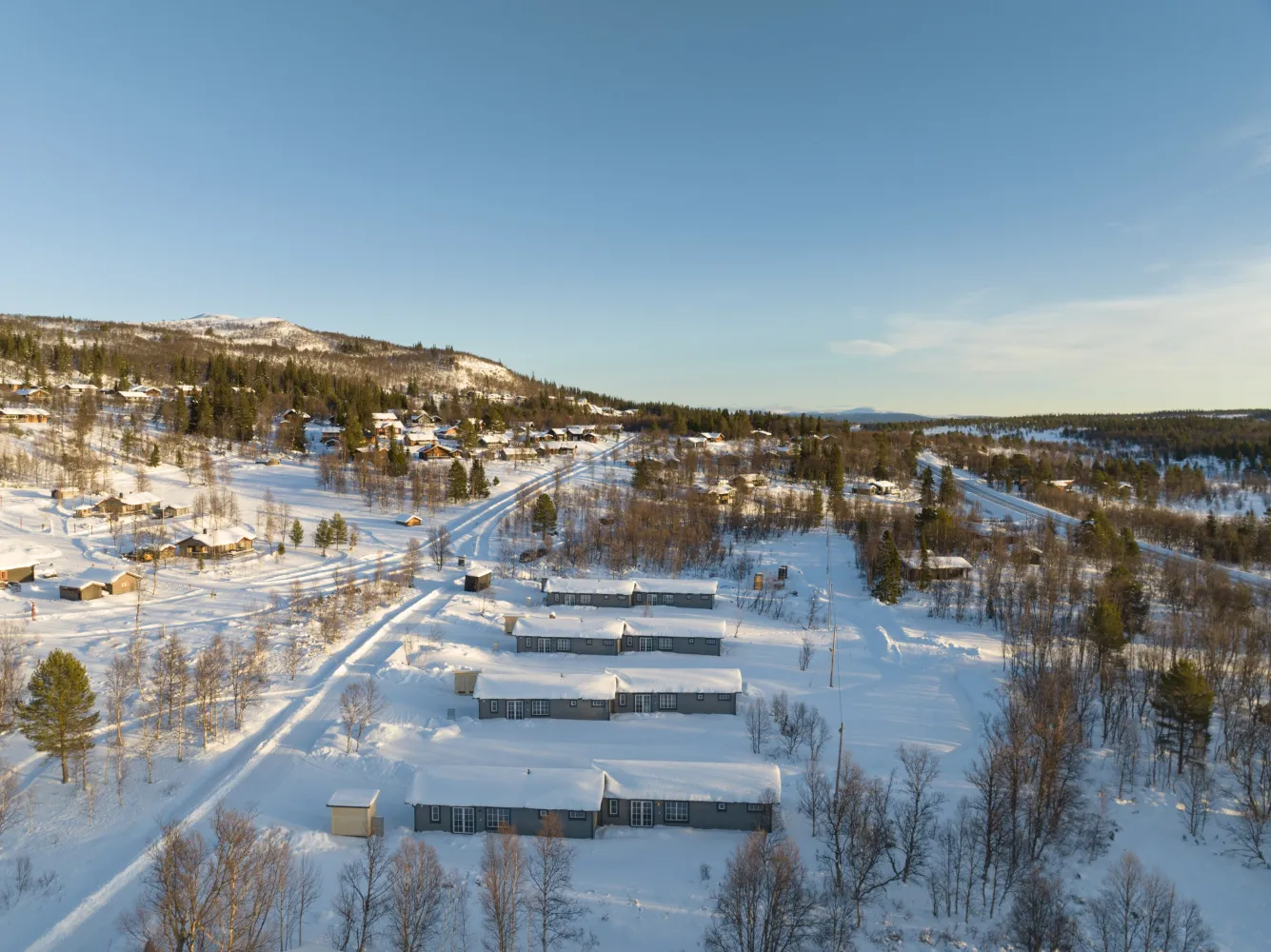 Ett snötäckt landskap med hus och träd